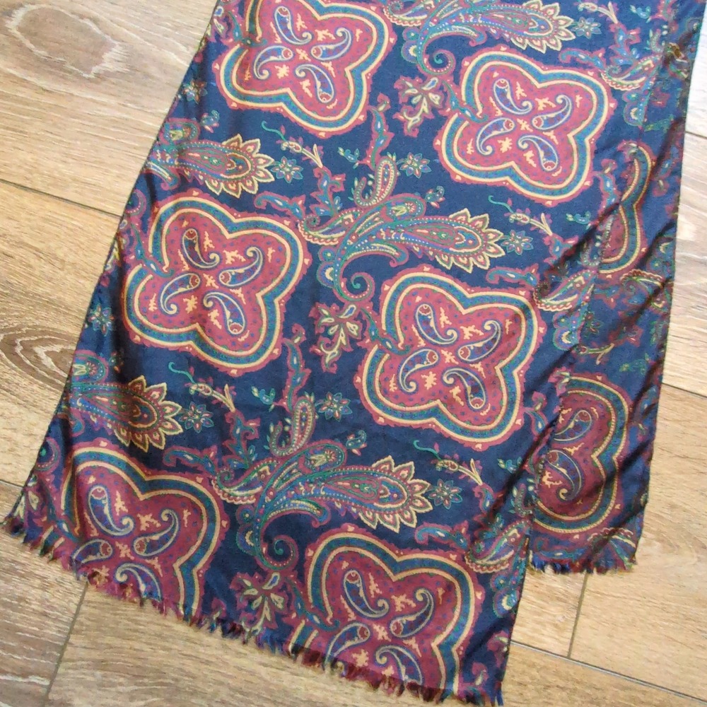 Talbots Paisley Silk‎ Scarf Navy Blue Burgundy Long Retangle Fringed